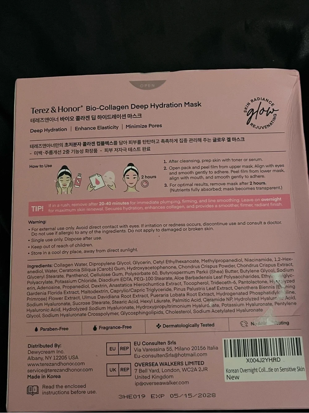 NWT Terez & Honor Bio-Collagen Deep Hydration Mask Set of 4